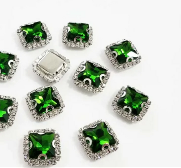 10 Pcs / 16mm / Silver Base Sew On Square Rhinestone  S38S