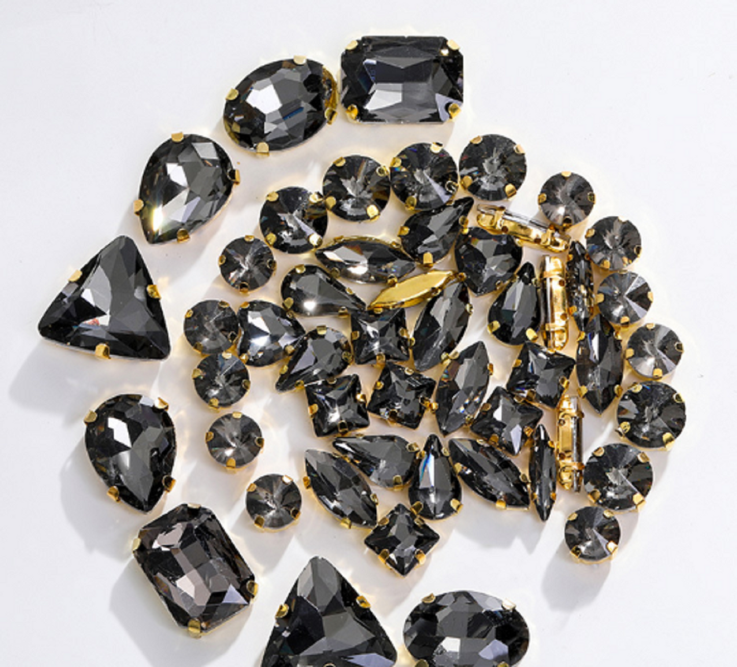 (S34G)  50 Pcs / Mix Sizes & Shapes Silver Base Sew On Rhinestone