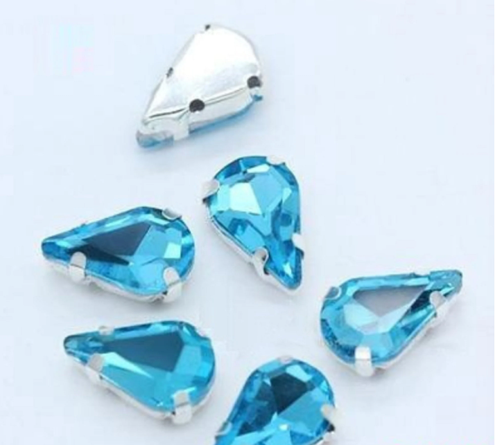 50 Pcs / 6 x 10mm / Sew On Silver Teardrop Crystals S19S