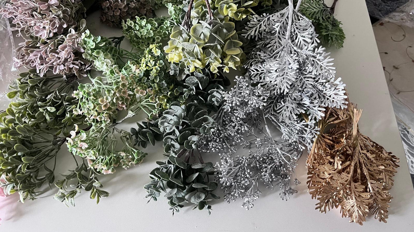 Stock clearance / 62 bunches / Brand new artificial leaves, wedding bouquet, flower arrangement