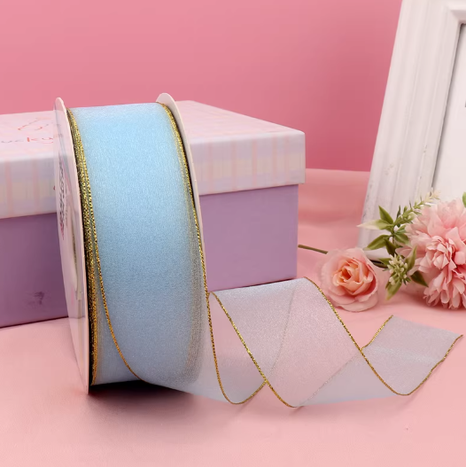 5 Meters / 4cm - Organza Ribbon with Gold Stripe R002-A