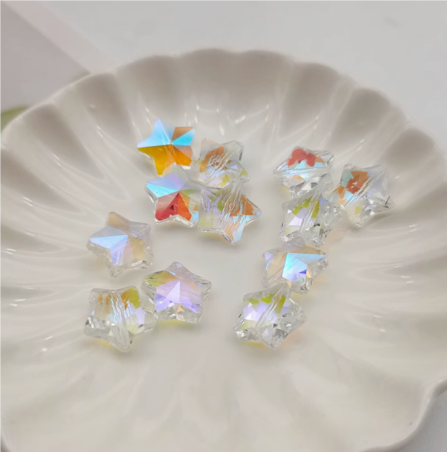 (Y207) 10 Pcs / 14mm / High Quality straight Hole Glass Star Beads, DIY Jewellery Making