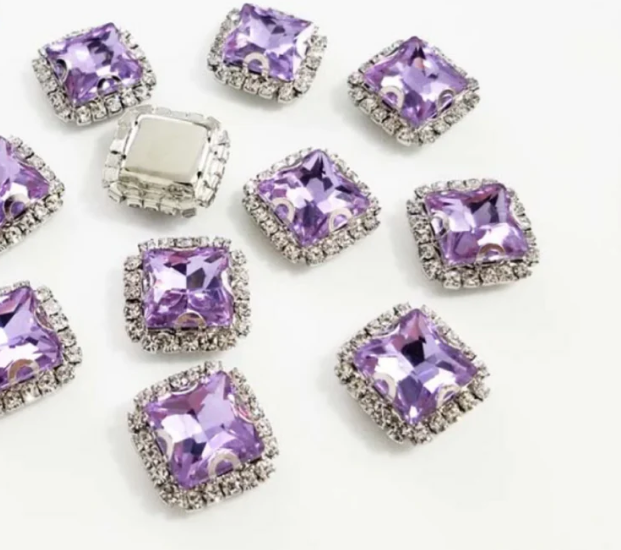 (S38S)  10 Pcs / 20mm / Silver Base Sew On Square Rhinestone