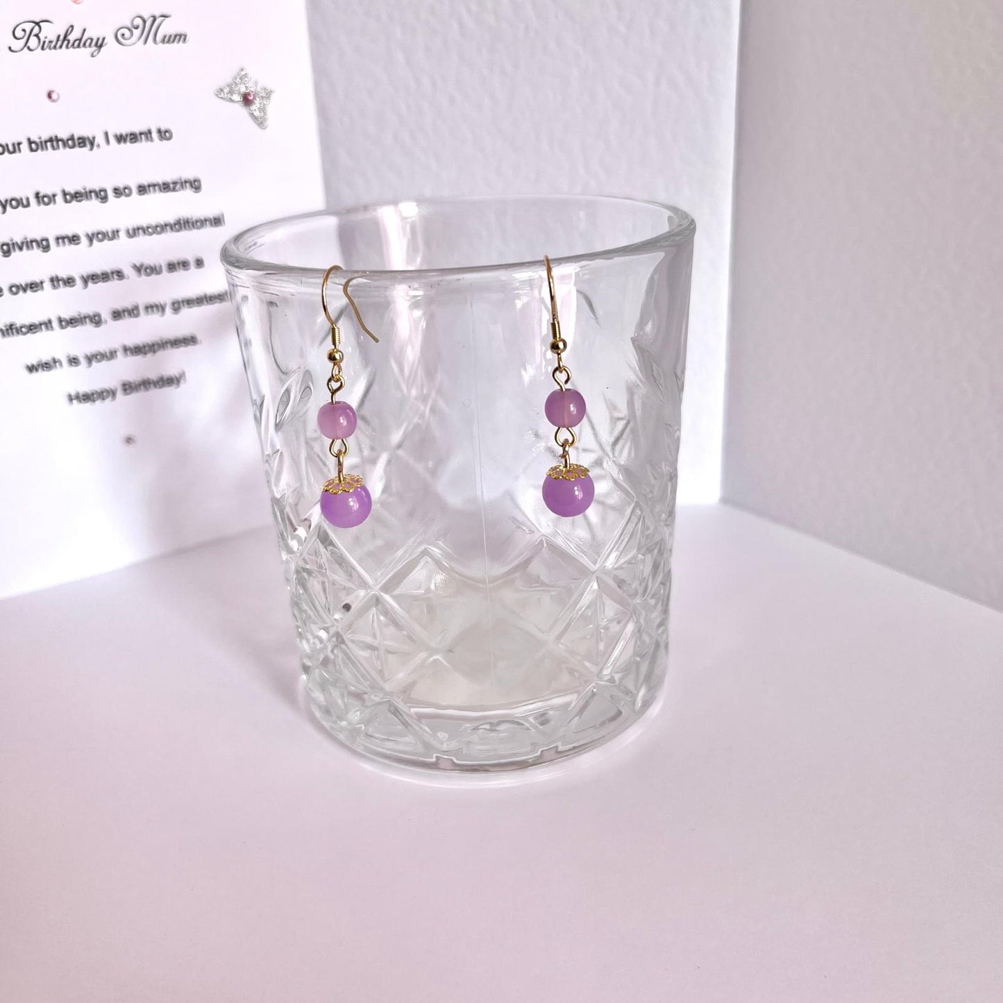 (EKH504) Handmade Gold Plated Purple Glass Bead Earrings, Wedding Accessories, Bridal Earrings