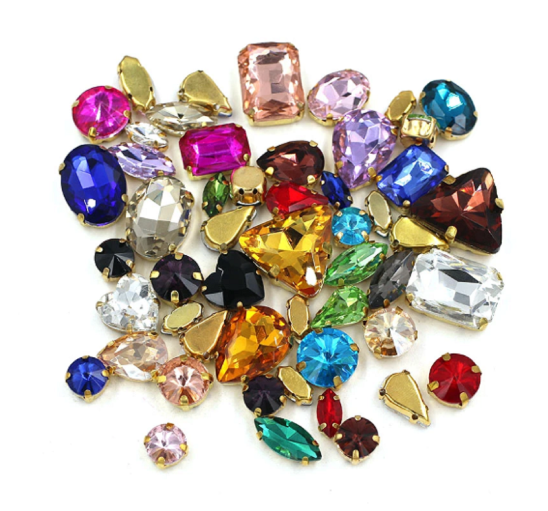 (S34G)  50 Pcs / Mix Sizes & Shapes Silver Base Sew On Rhinestone