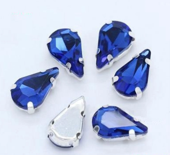 50 Pcs / 6 x 10mm / Sew On Silver Teardrop Crystals S19S