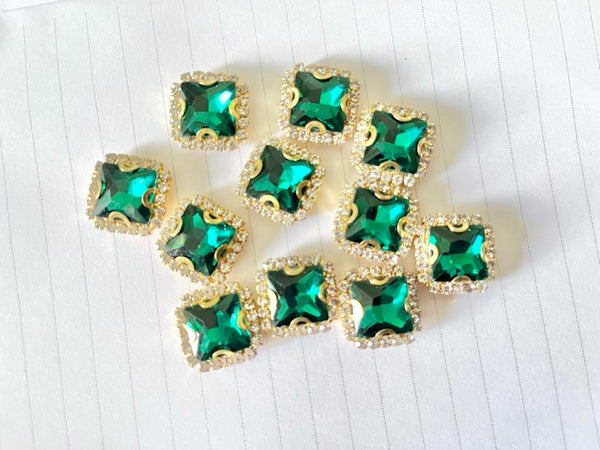 10 Pcs / Gold Base Sew On Square Rhinestones  S38G