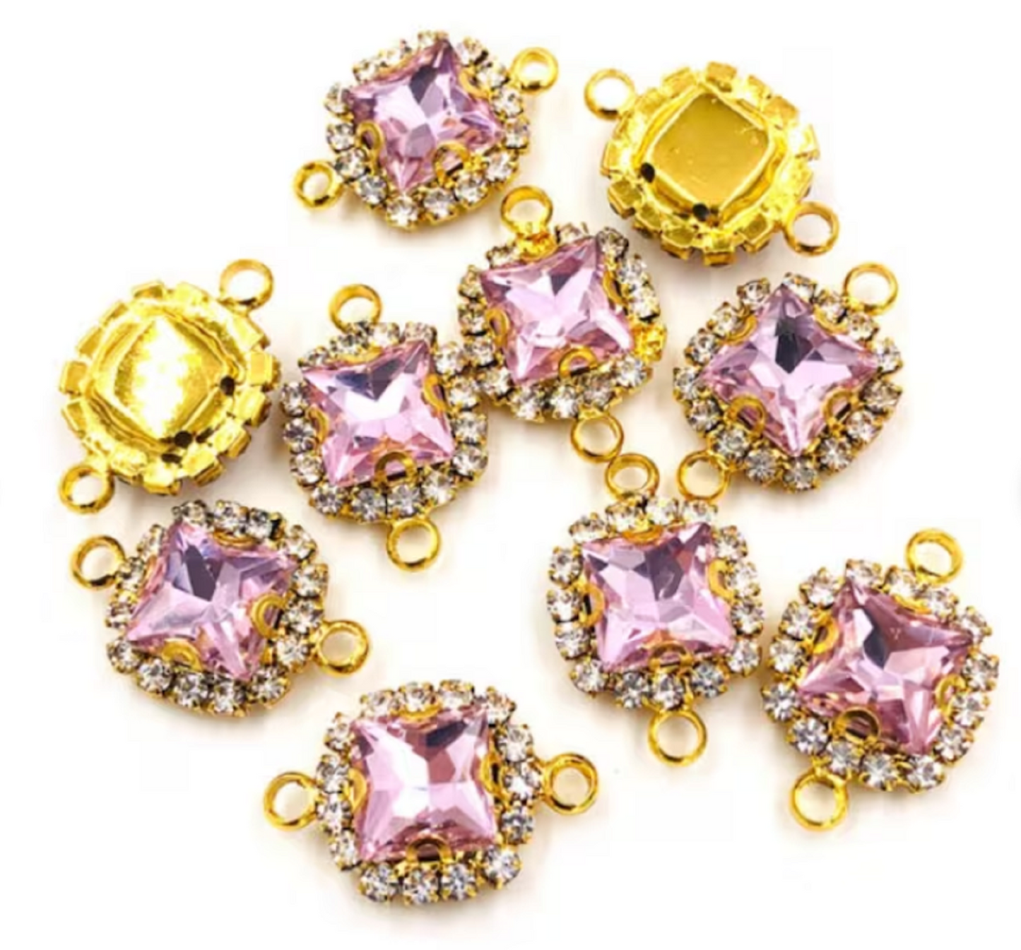 (C050G) 10 Pcs /  14mm / Gold Base Rhinestone Square Connector
