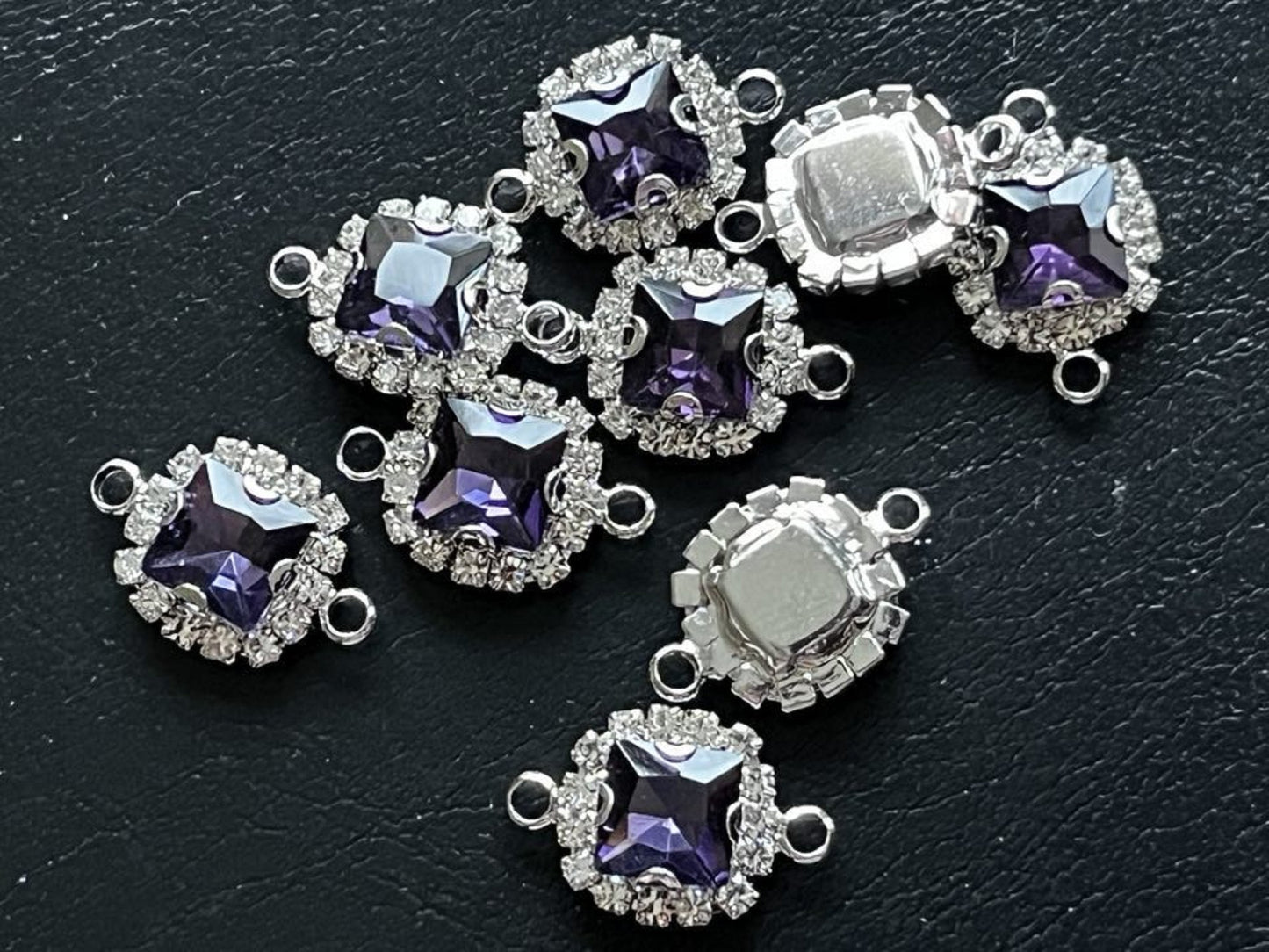 10 Pcs / 14mm Silver Base Double Loops Rhinestone Square Connector  C050S
