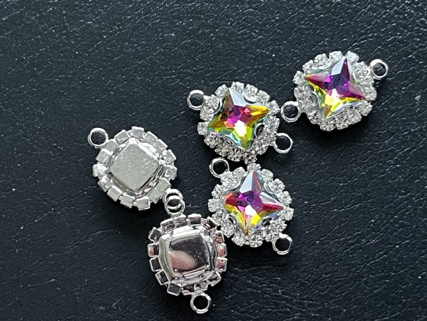 10 Pcs / 14mm Silver Base Double Loops Rhinestone Square Connector  C050S