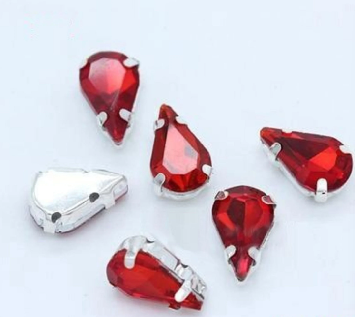 50 Pcs / 6 x 10mm / Sew On Silver Teardrop Crystals S19S