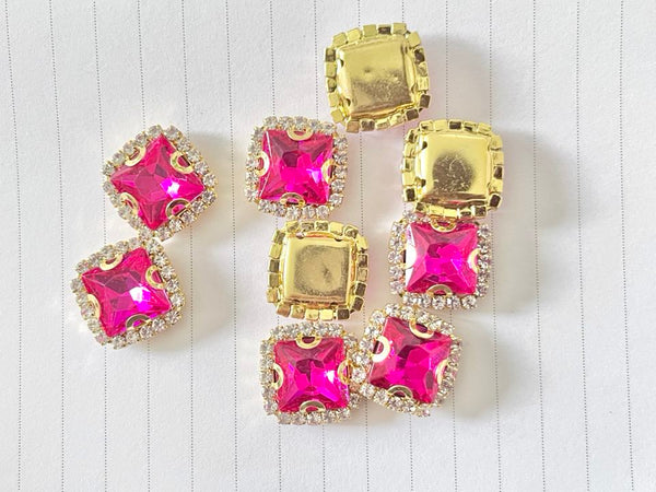 10 Pcs / Gold Base Sew On Square Rhinestones  S38G