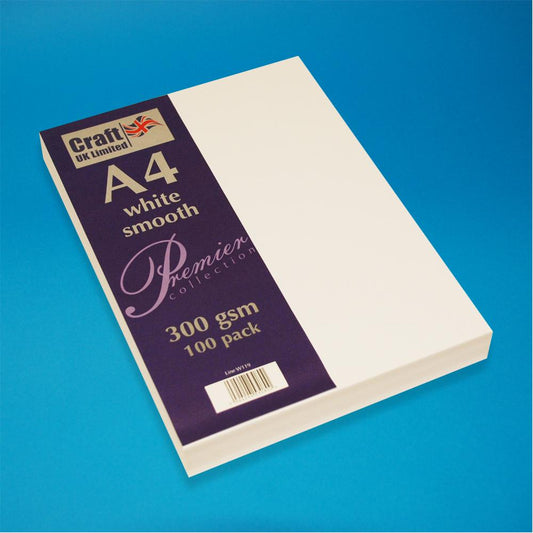 100 sheet pack / 300gsm / White Premium A4 Cards Smooth Finish W119