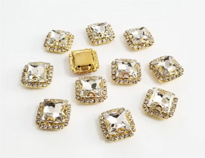 10 Pcs / Gold Base Sew On Square Rhinestones  S38G