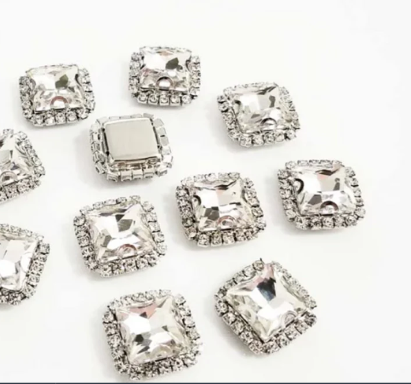 (S38S)  10 Pcs / 14mm / Silver Base Sew On Square Rhinestone