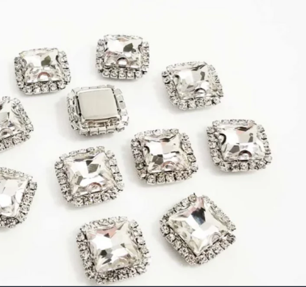 10 Pcs / 14mm / Silver Base Sew On Square Rhinestone  S38S