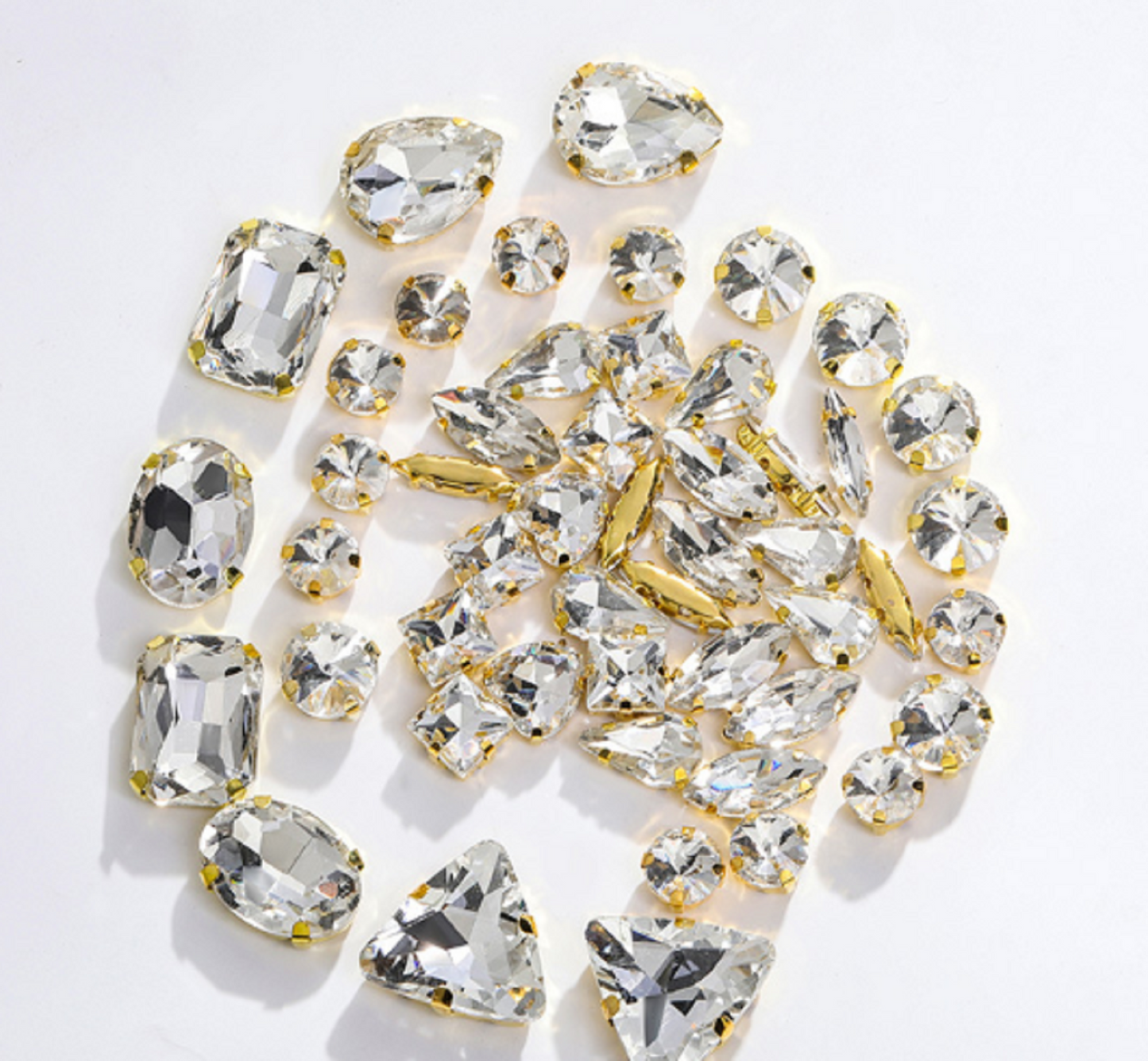 (S34G)  50 Pcs / Mix Sizes & Shapes Silver Base Sew On Rhinestone