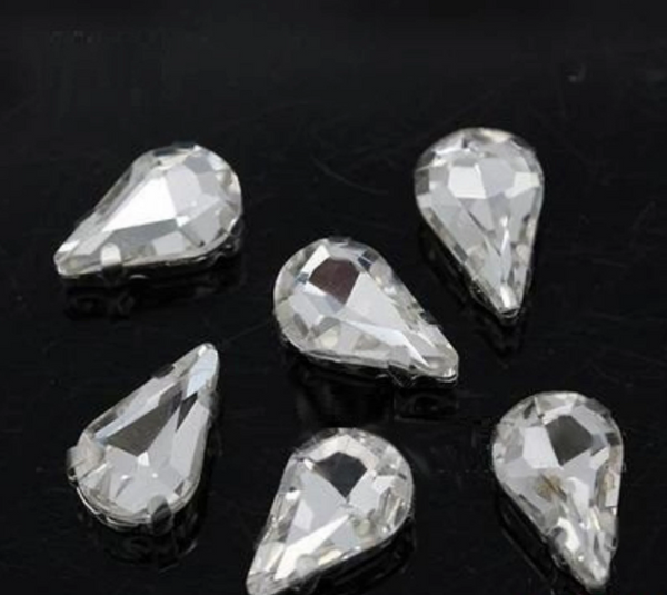 50 Pcs / 6 x 10mm / Sew On Silver Teardrop Crystals S19S