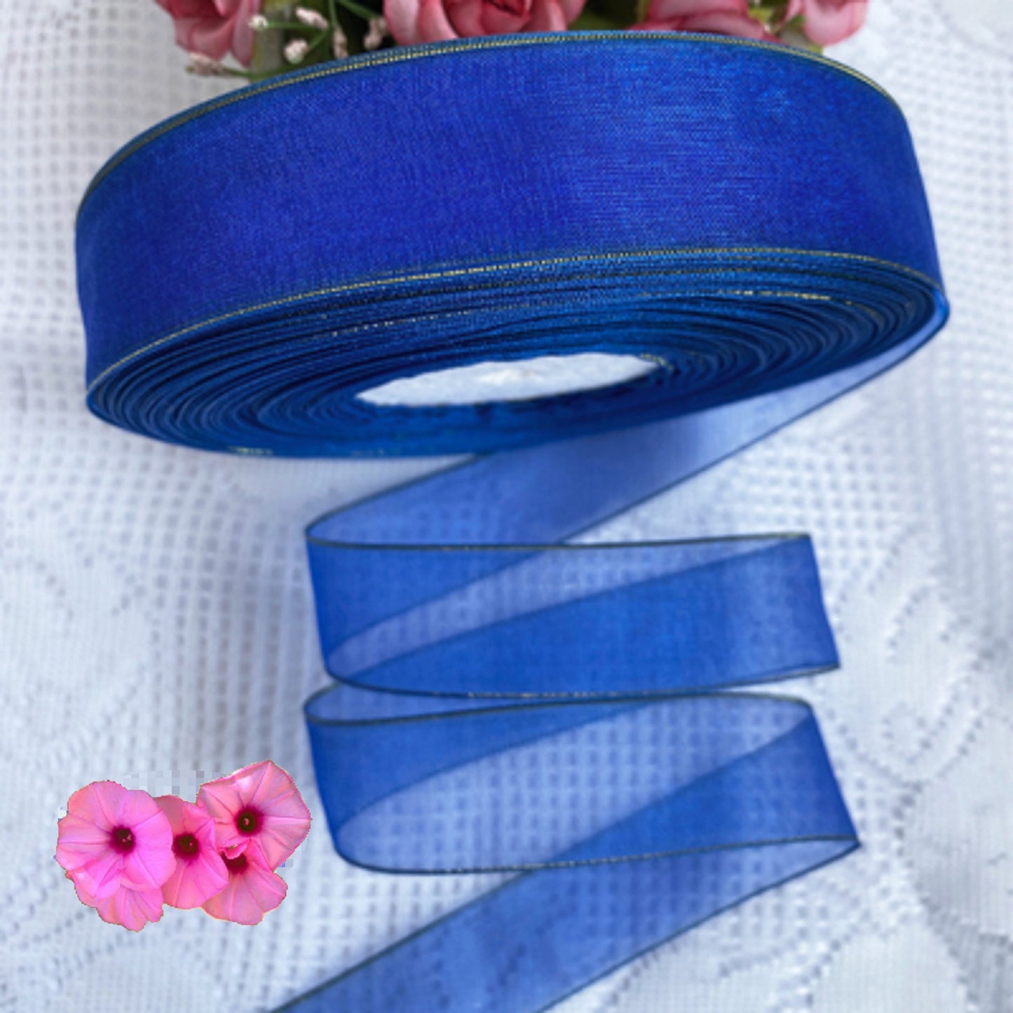 5 Meters / 4cm - Organza Ribbon with Gold Stripe R002-A
