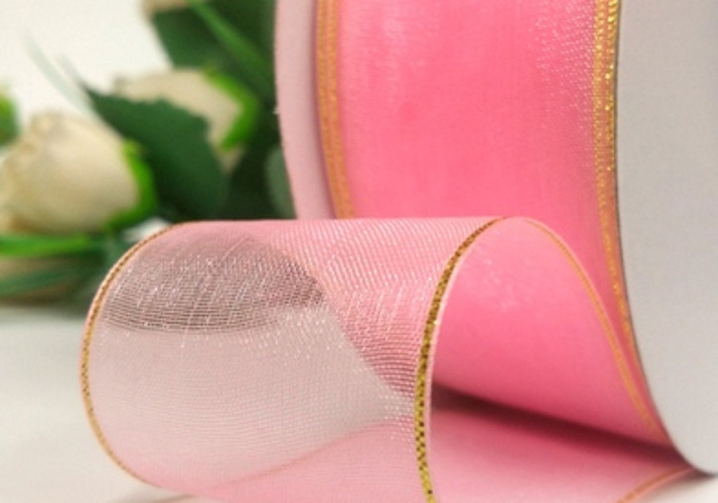 5 Meters / 4cm - Organza Ribbon with Gold Stripe R002-A