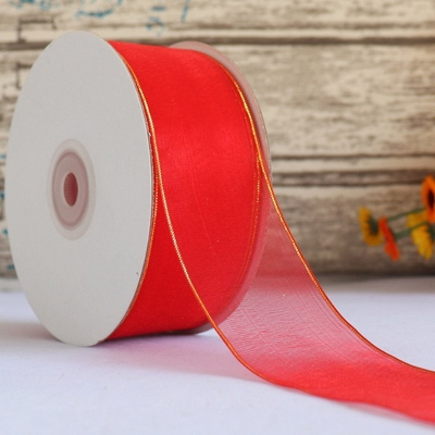 5 Meters / 4cm - Organza Ribbon with Gold Stripe R002-A