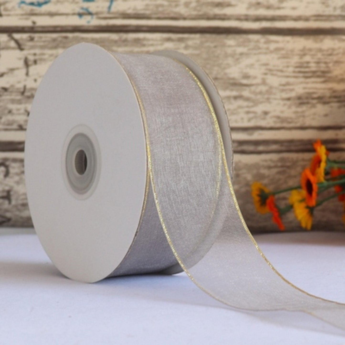 5 Meters / 4cm - Organza Ribbon with Gold Stripe R002-A