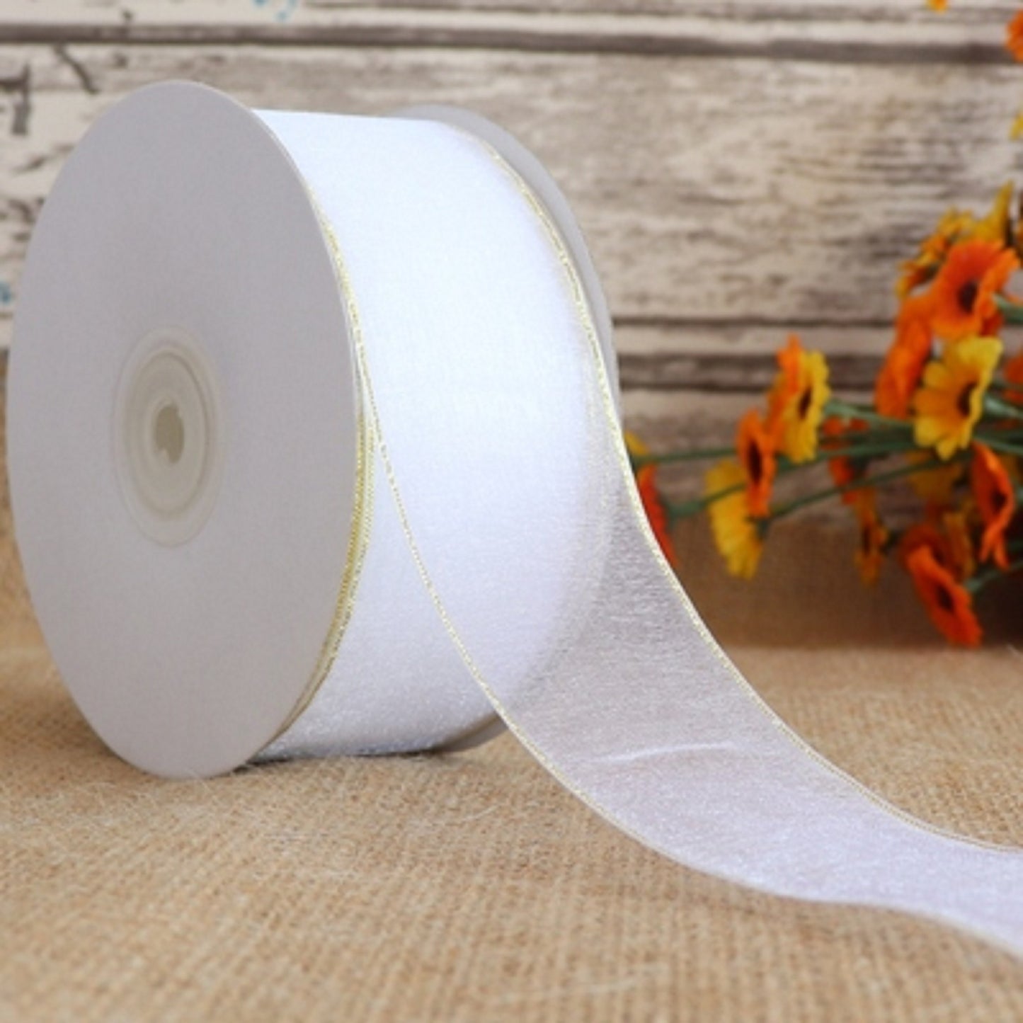 5 Meters / 4cm - Organza Ribbon with Gold Stripe R002-A
