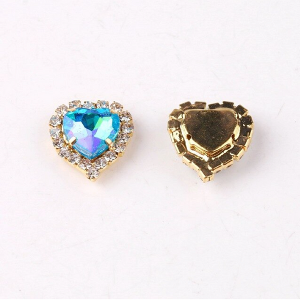 10 Pcs / 12mm, 14mm / Gold Colour Base Sew On Crystal Heart  C17AB(G)