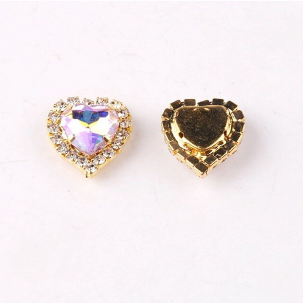 10 Pcs / 12mm, 14mm / Gold Colour Base Sew On Crystal Heart  C17AB(G)