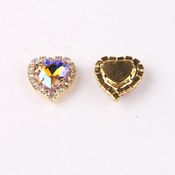 10 Pcs / 12mm, 14mm / Gold Colour Base Sew On Crystal Heart  C17AB(G)