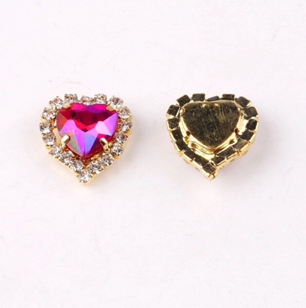 10 Pcs / 12mm, 14mm / Gold Colour Base Sew On Crystal Heart  C17AB(G)