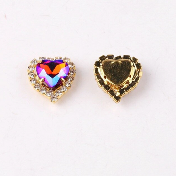 10 Pcs / 12mm, 14mm / Gold Colour Base Sew On Crystal Heart  C17AB(G)