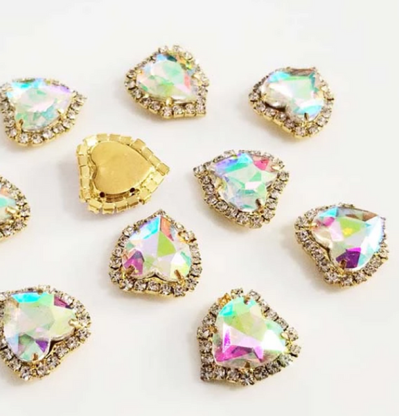 10 Pcs / 8mm / Gold Base Sew On Rhinestone Heart C17G