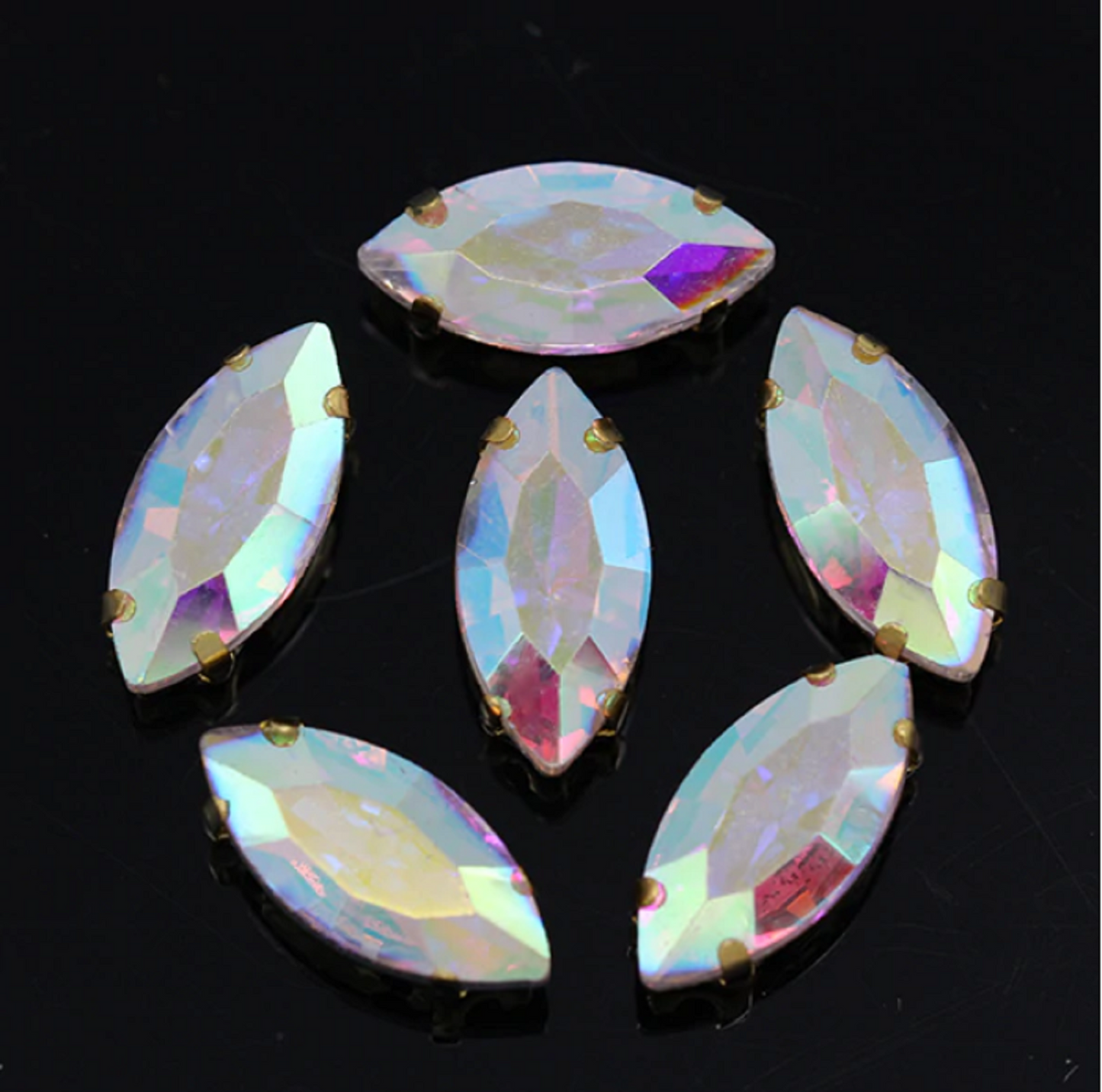 S18G(AB) 50 Pcs / 5 x 10mm, 7 x 15mm / Sew On Gold Base Horse Eye Crystal
