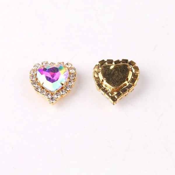 10 Pcs / 12mm, 14mm / Gold Colour Base Sew On Crystal Heart  C17AB(G)