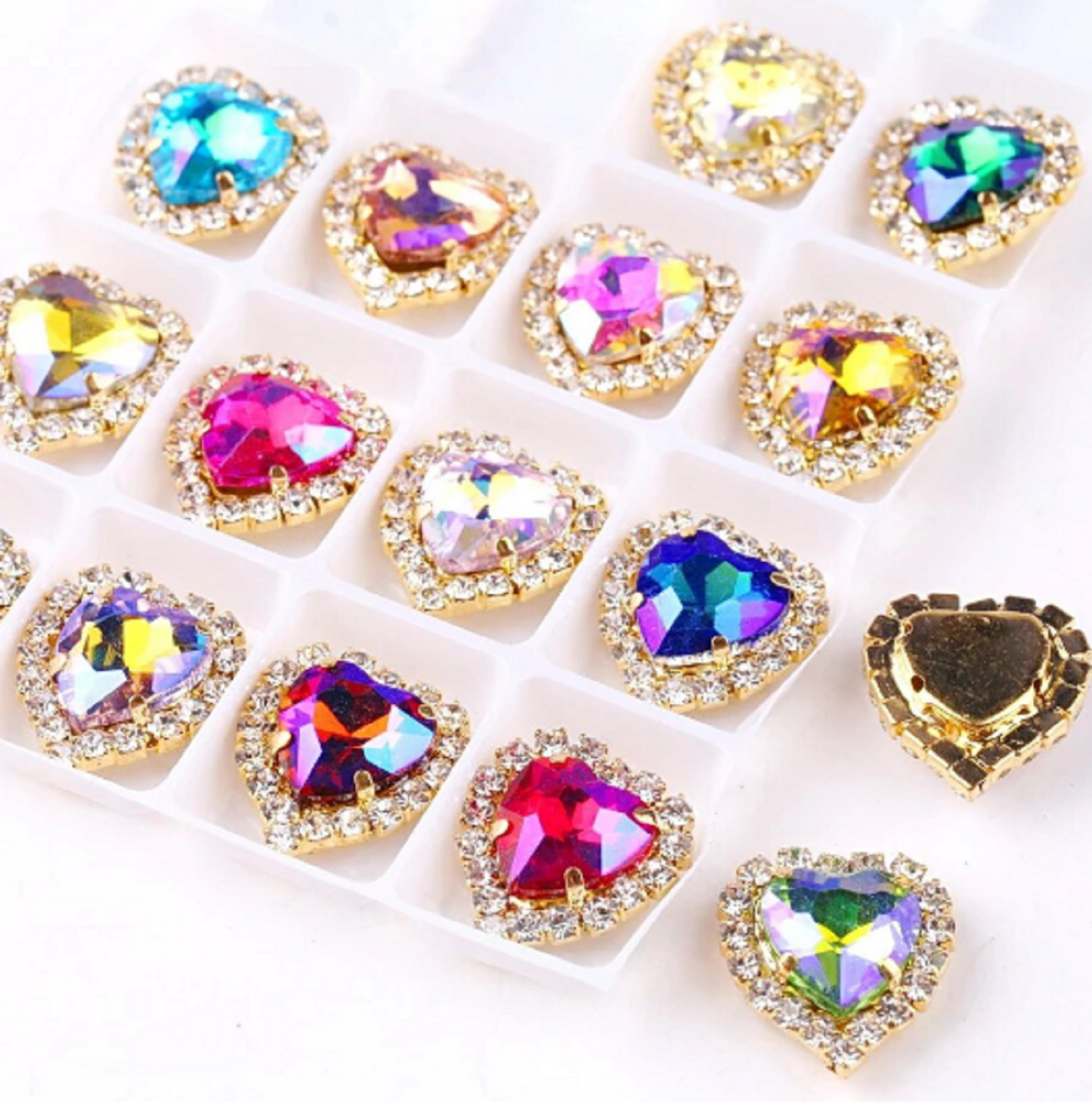 S17AB(G)  10 Pcs / 12mm, 14mm / Gold Colour Base Sew On Crystal Heart