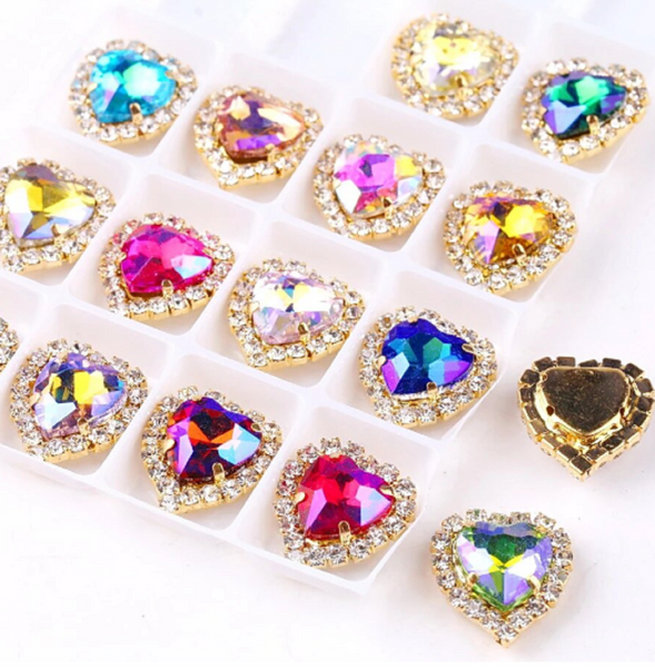 10 Pcs / 12mm, 14mm / Gold Colour Base Sew On Crystal Heart  C17AB(G)