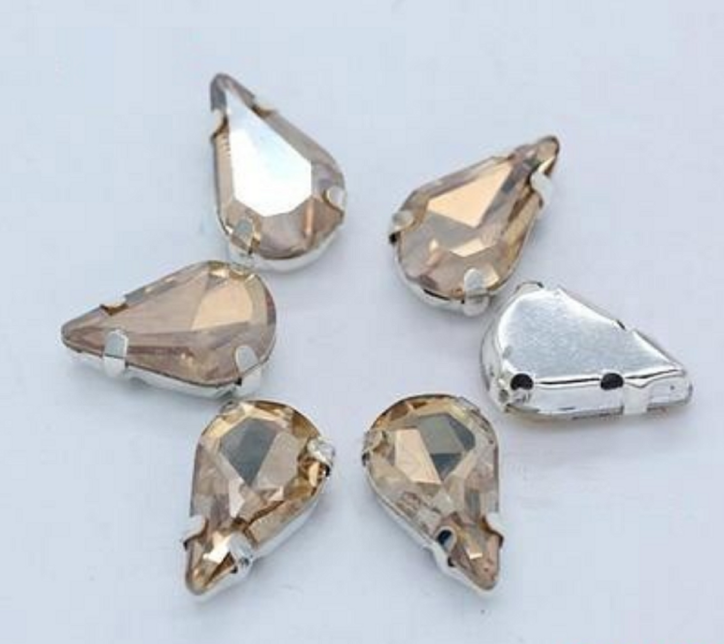 50 Pcs / 6 x 10mm / Sew On Silver Teardrop Crystals S19S