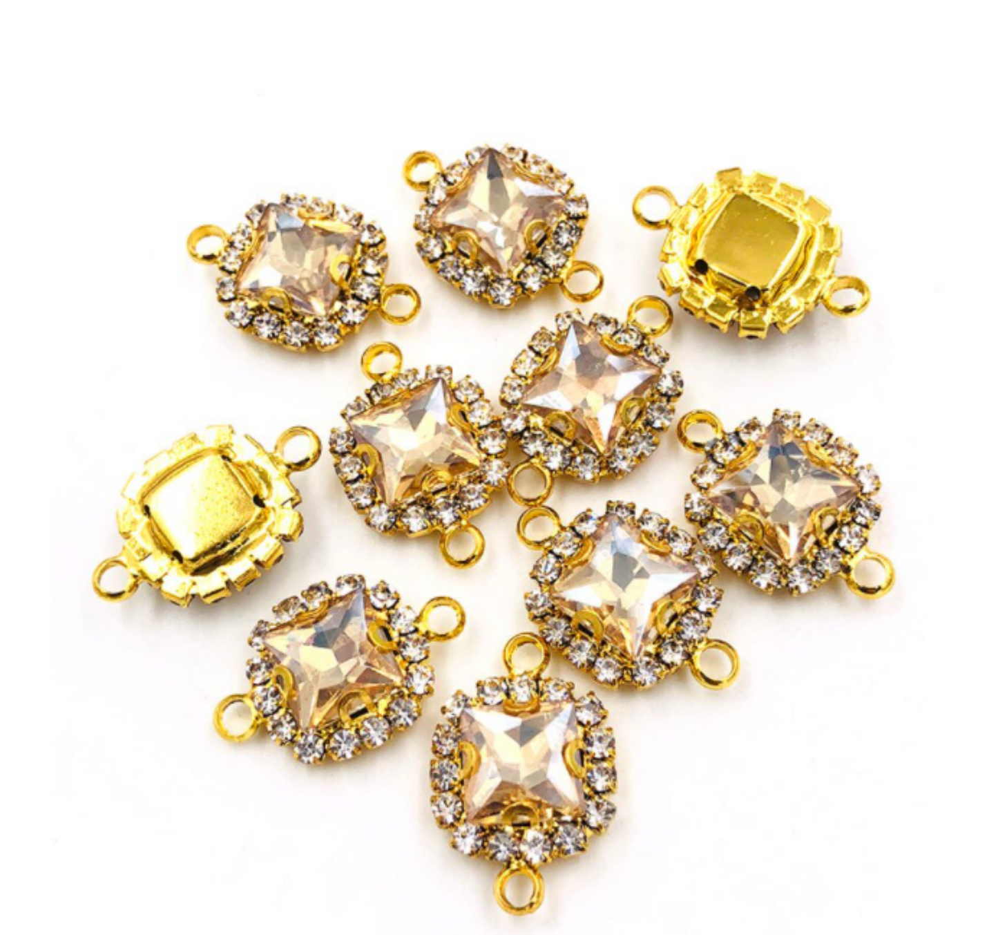 (C050G) 10 Pcs /  14mm / Gold Base Rhinestone Square Connector