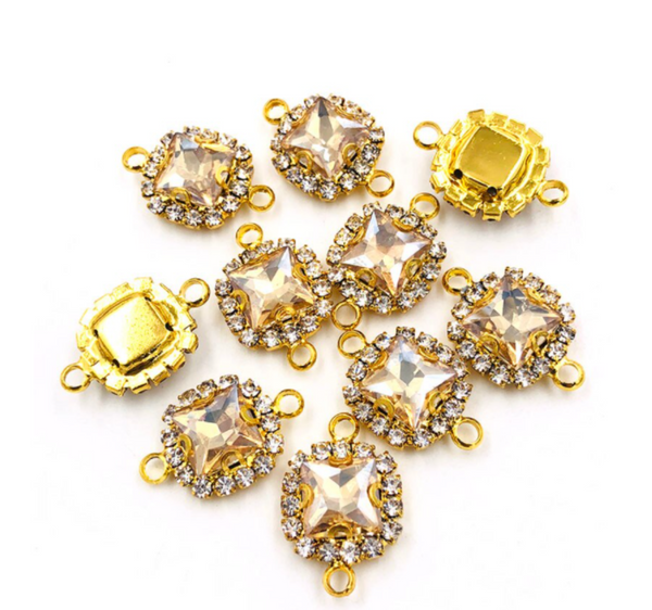 10 Pcs /  14mm / Gold Base Rhinestone Square Connector  C050G