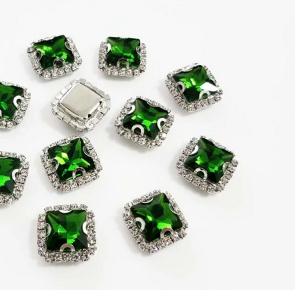 10 Pcs / 14mm / Silver Base Sew On Square Rhinestone  S38S