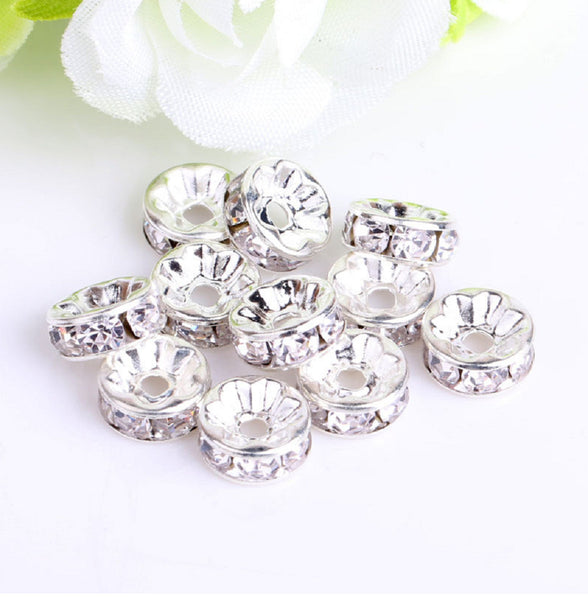 50 Pcs / 6mm / AB White Rhinestone Spacers