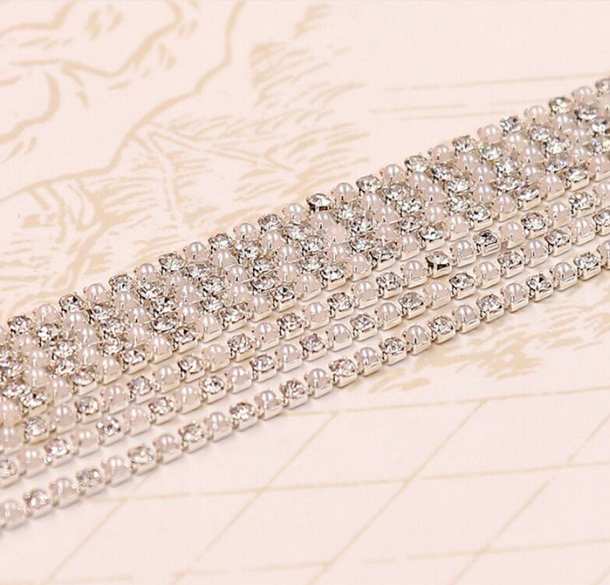 3 Meters / 2mm Pearl Rhinestone Diamante Chain C25S