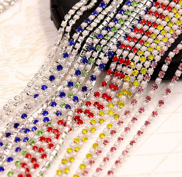 3 Meters / 2mm Pearl Rhinestone Diamante Chain C25S