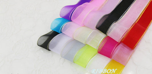 5 Meters / 4cm - Organza Ribbon with Gold Stripe R002-A
