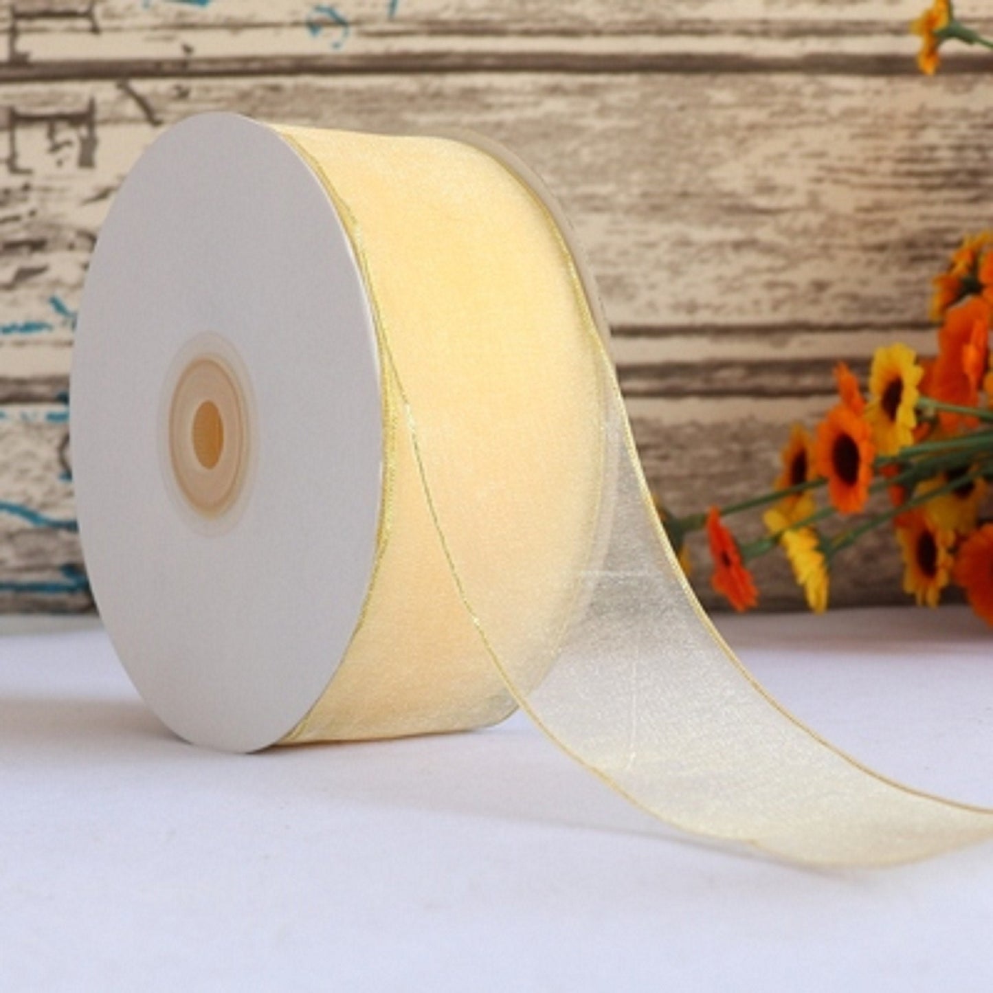 5 Meters / 4cm - Organza Ribbon with Gold Stripe R002-A