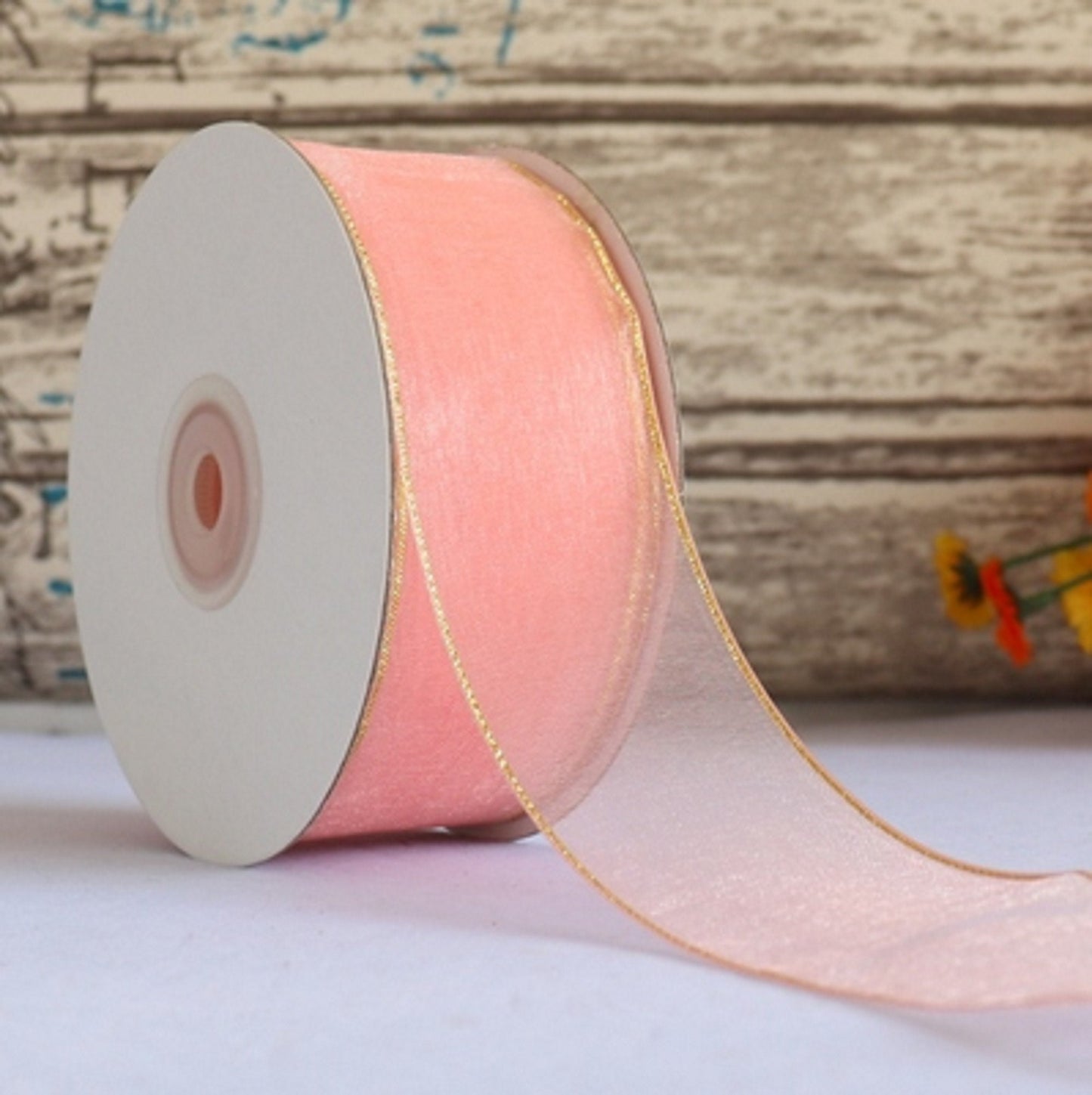 5 Meters / 4cm - Organza Ribbon with Gold Stripe R002-A