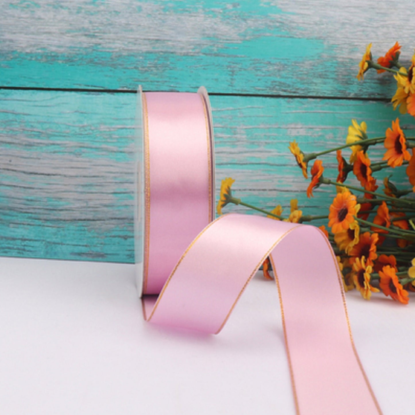 5 Meters / 3.2cm / Satin Ribbon with Gold Stripe R5