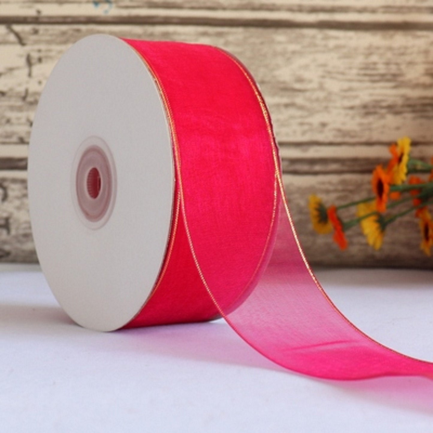 5 Meters / 4cm - Organza Ribbon with Gold Stripe R002-A