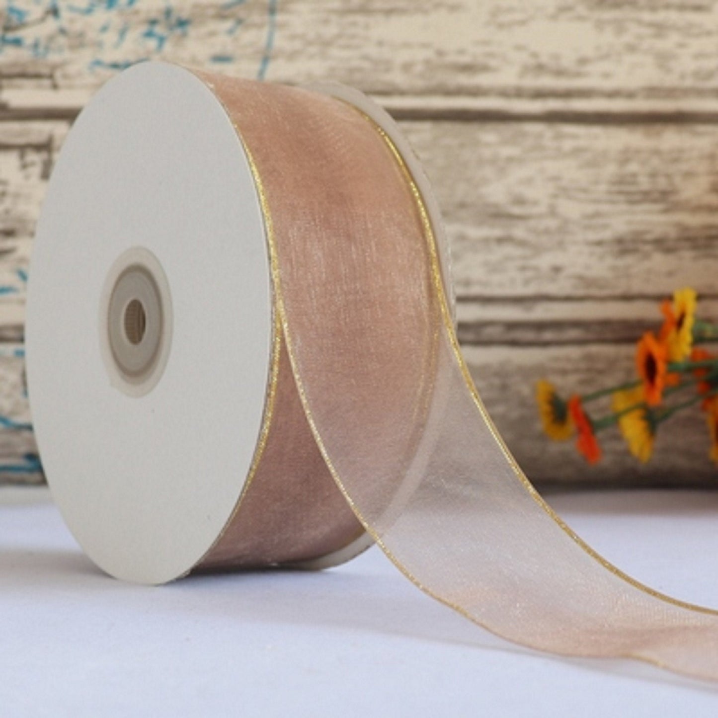 5 Meters / 4cm - Organza Ribbon with Gold Stripe R002-A